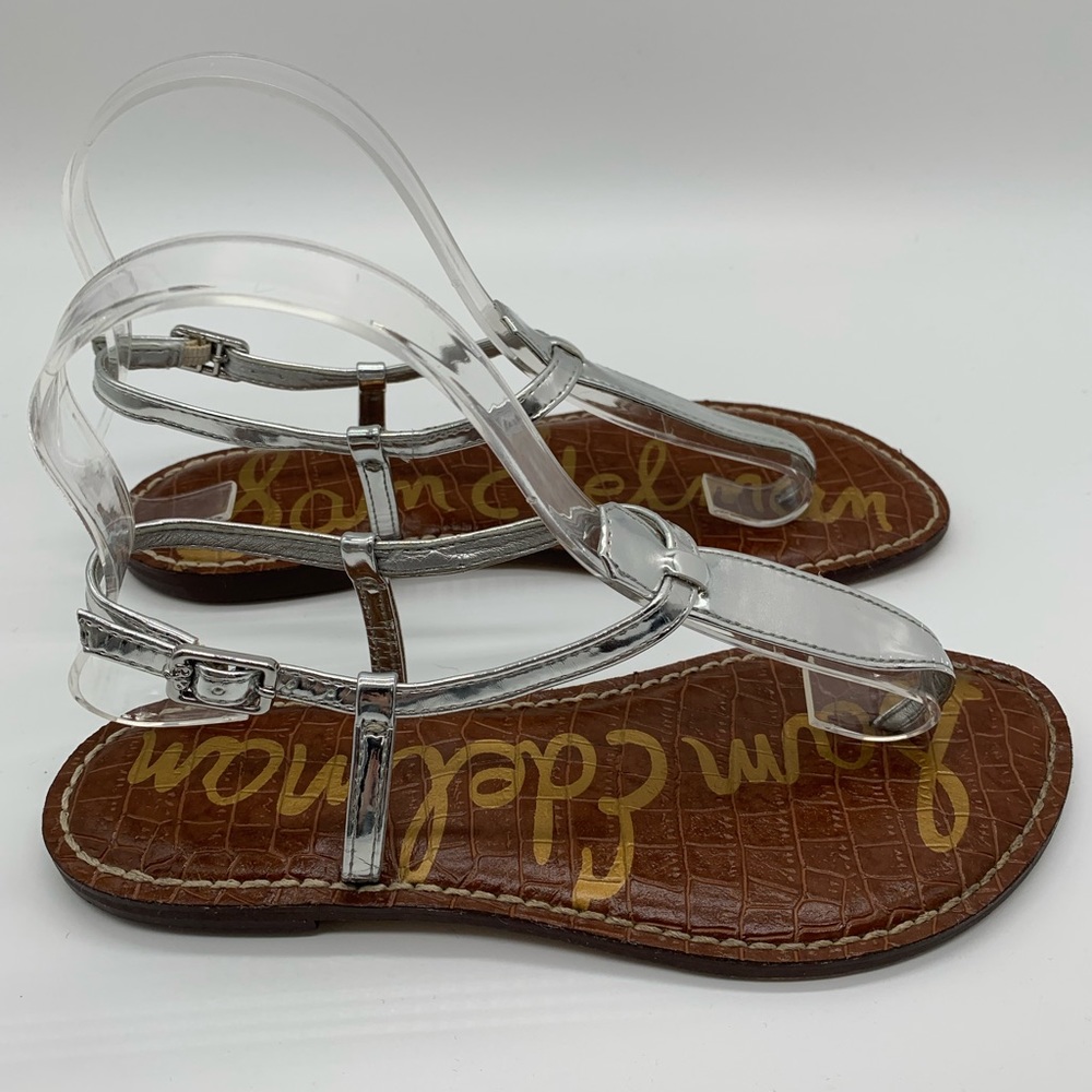 SAM EDELMAN Gigi Thong Leather Sandals Silver‎ Size 6M Summer Flat Sandals